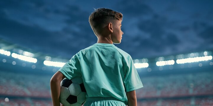 Young boy holding soccer ball in stadium at dusk for sports banner and team poster background