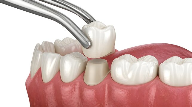 High-resolution 3D render of restorative dentistry showing forceps placing a porcelain crown on a prepared tooth with natural gums under bright clinical lighting.