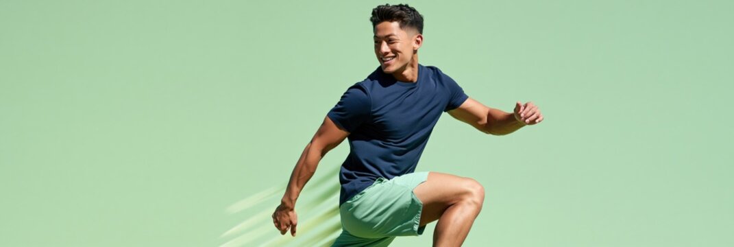 Male athlete leaping with energetic pose on seamless green background for sports poster banner fitness advertising and lifestyle promotion
