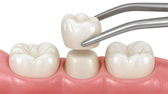 High-resolution 3D render of restorative dentistry showing forceps placing a porcelain crown on a prepared tooth with natural gums under bright clinical lighting.