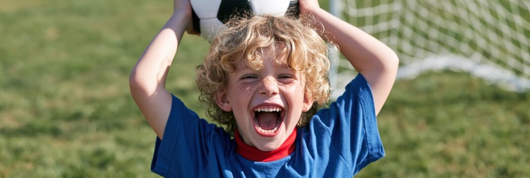 Boy celebrating with a soccer ball held above his head on a grassy field in front of a goal for youth sports background and team celebration banner