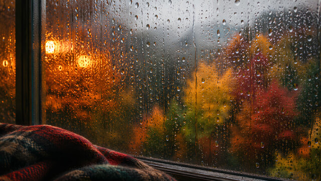 Cozy autumn rainy day view through glass window with raindrops and blurred colorful trees with warm lights