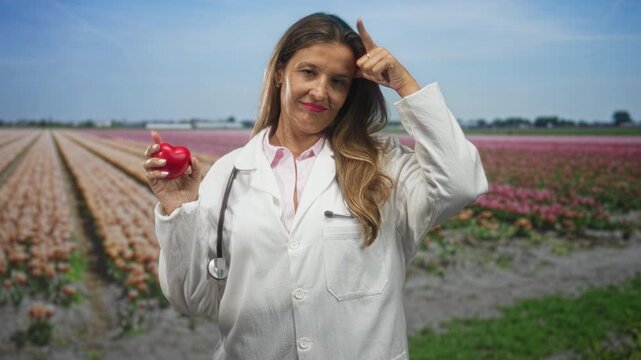 Woman doctor wearing white coat and stethoscope holds red heart and makes l finger gesture in tulip field; compassion wellness.
