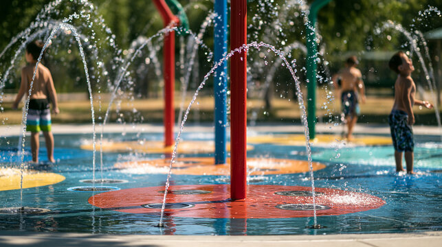 Children playing in a colorful public splash pad with refreshing water fountains on a hot summer day. Great for family.