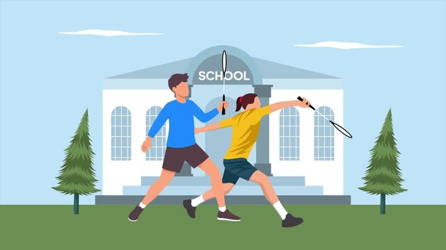 Students playing badminton after school together. extracurricular activity concept. Full length Icon animation illustration. High quality&nbsp;4k&nbsp;footage