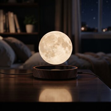 Levitating moon lamp floats above a wooden magnetic base on a dark bedside table in a cozy bedroom.