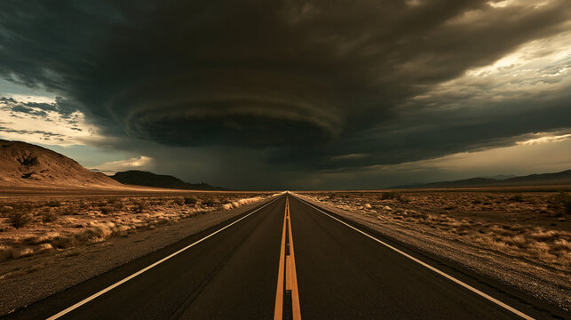 An asphalt highway stretches toward a massive dark supercell storm in a desert landscape. Dramatic weather concept for.