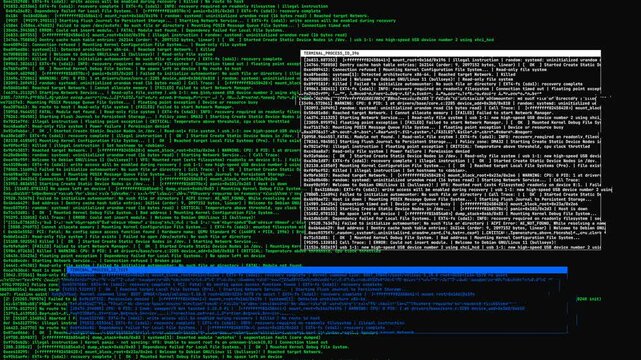 Digital hacking code scrolling with flickering popup windows and green glitching fragments for terminal interface.