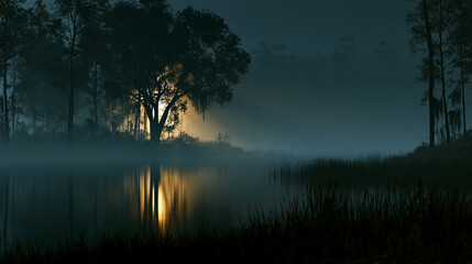 Naklejka premium Golden Light Glows Beyond Misty Forest Wetland. High quality photo