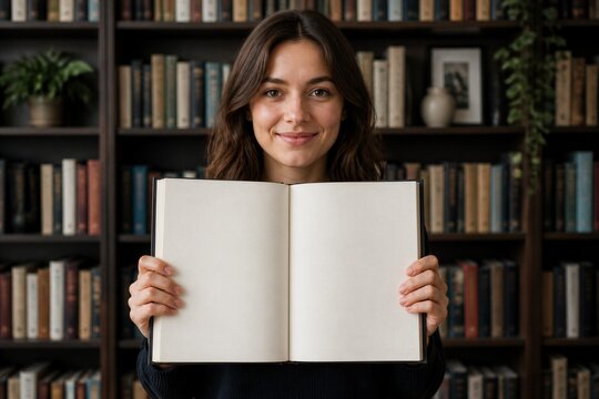 Young woman holding open blank book in library background