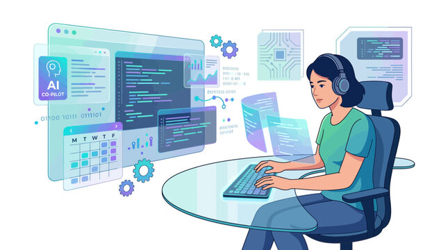 Woman building software with holographic dashboard.