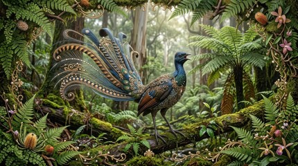 Obraz premium Superb Lyrebird Displaying Tail Feathers in Dense Rainforest