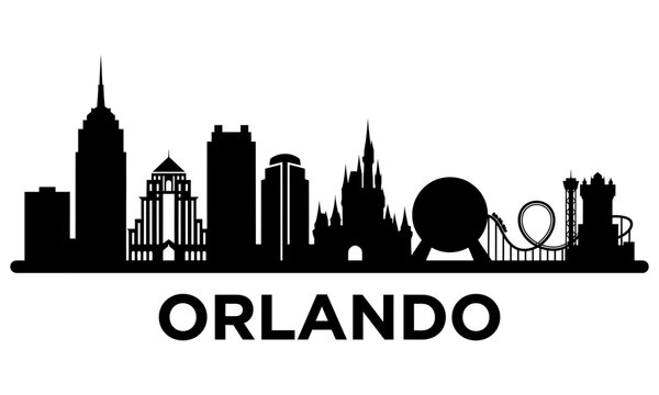Black and white silhouette of the orlando city skyline featuring iconic buildings and theme park landmarks