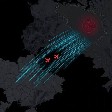 Digital tactical map showing two red airplane silhouettes and cyan flight path trails heading towards a glowing red target icon on a dark futuristic terrain background.