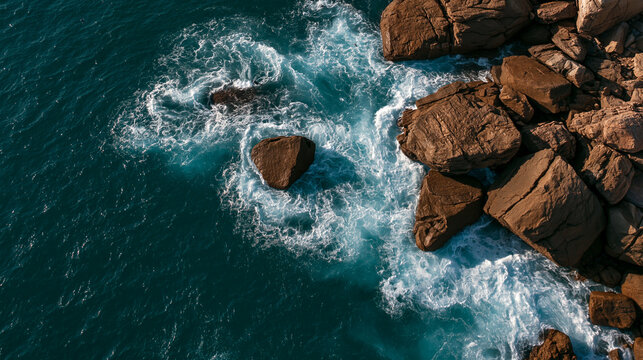 Aerial view of ocean waves crashing on rocky shore in bright daylight. Perfect for coastal travel backgrounds.