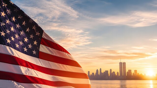American flag waving against a sunset skyline of new york city featuring the twin towers