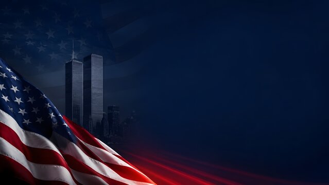 American flag with twin towers of the world trade center in new york city on a dark blue background