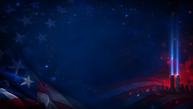 Tribute to 911 victims with twin towers light beams and american flag background