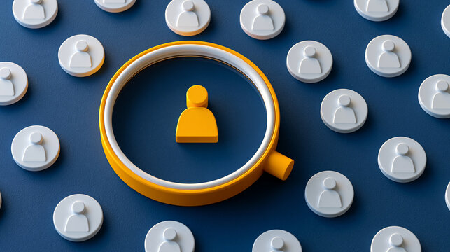 A yellow magnifying glass highlighting a unique person icon among many identical white figures. Recruitment concept.