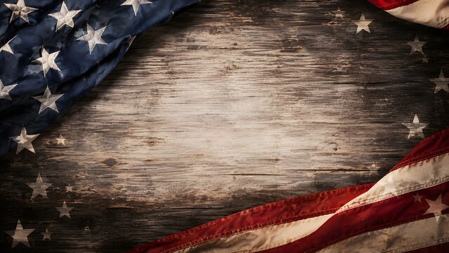 American flag draped over a rustic wooden background with copy space