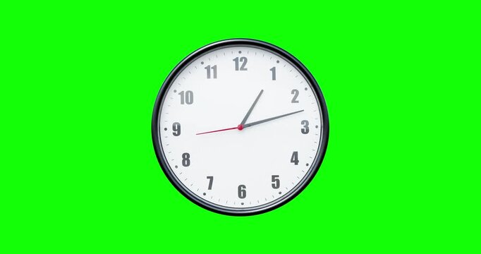 Front view of simple 3D wall clock on green screen scaling up with rapid forward moving time
