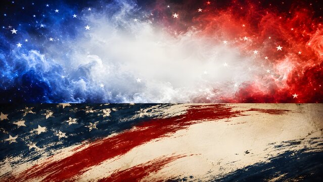Abstract american flag background with red, white, and blue smoke and stars, grunge texture overlay for patriotic themes and national holidays
