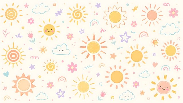 Cute hand drawn suns and clouds seamless pattern, doodle weather background