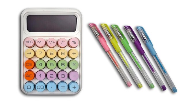 Photo of a pastel calculator and colorful gel pens isolated on white background, creating a bright and playful stationery concept, ideal for mathematics, education back-to-school and office themes.