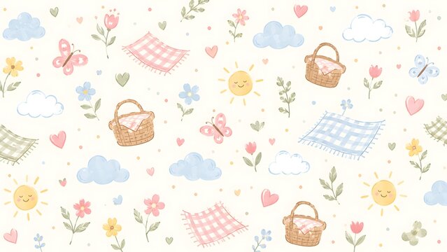 Cute seamless pattern with picnic elements, flowers, butterflies, suns, clouds and hearts on a cream background