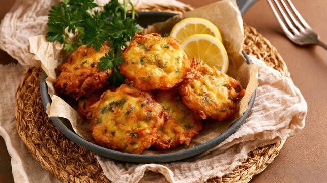 Freshly fried vegetable fritters served in a rustic metal pan.