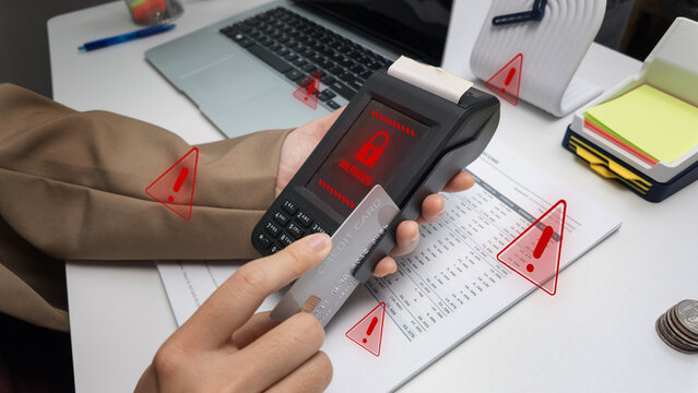 Credit card payment declined due to cyber security threat and fraud alert on pos terminal. cybercrime concept for financial safety.