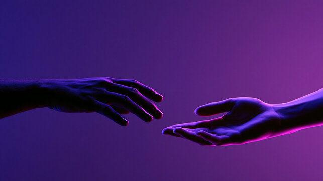 Two hands reaching toward each other in vibrant purple neon lighting. Emotional human connection concept for modern art.