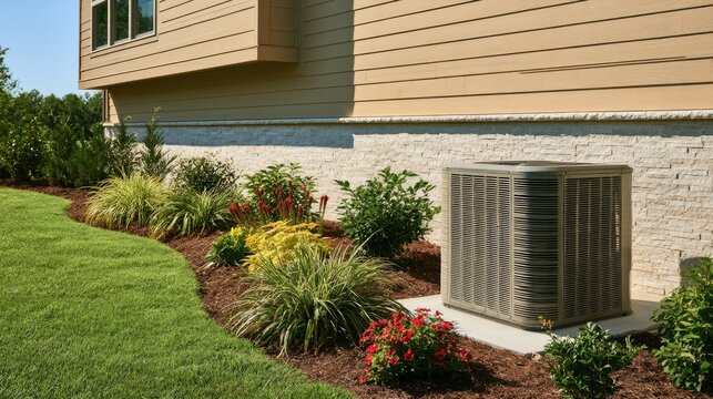 Modern Residential HVAC Air Conditioning Unit Installed in Backyard Landscaping.