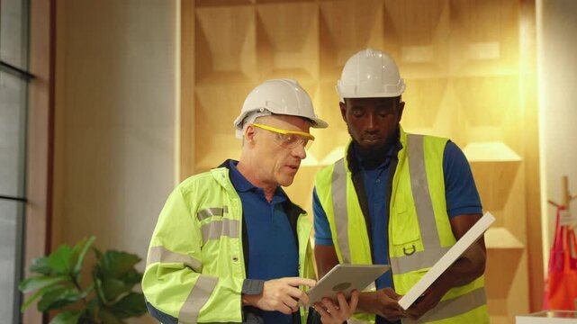 Two construction workers wearing safety helmets and high visibility vests reviewing building information on a tablet at a construction site, representing engineering, teamwork, safety, and project man