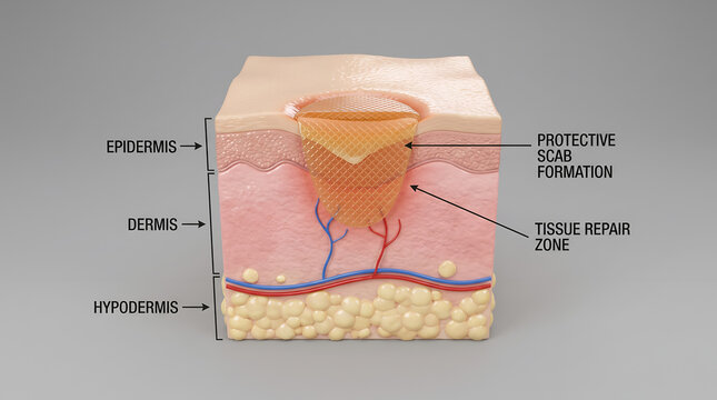 3D medical illustration of human skin layer cross section showing wound healing and protective scab formation process