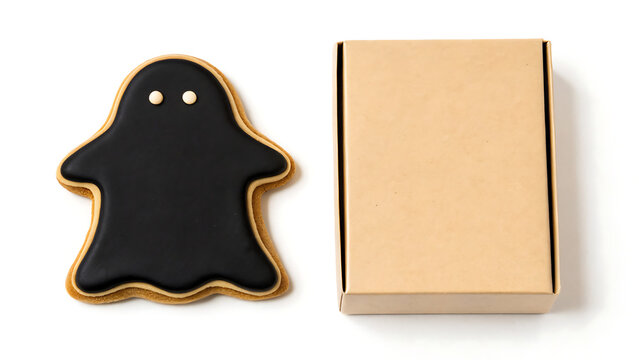Black ghost cookie with gold outline on kraft box packaging mockup for Halloween treats