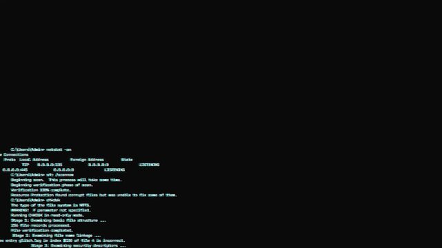Terminal text with chromatic aberration scrolling rapidly with flickering digital fragments for cyber security hacking overlays.