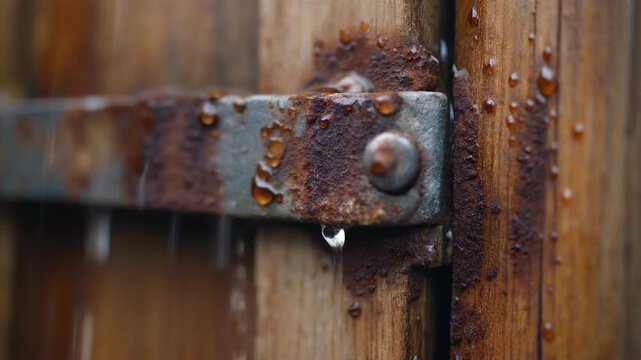 A close-up view shows a rusted metal hinge attached to weathered wooden planks.