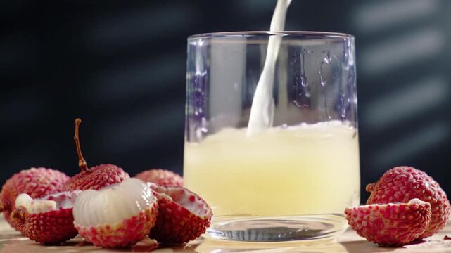 Fresh lychee juice pouring into glass. Tropical fruit beverage preparation in slow motion.