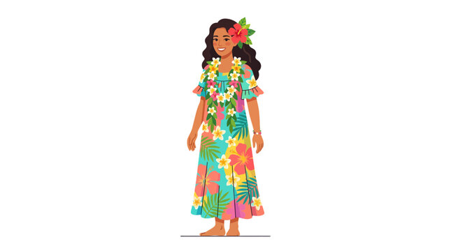 Hawaiian woman in floral muumuu dress and lei.