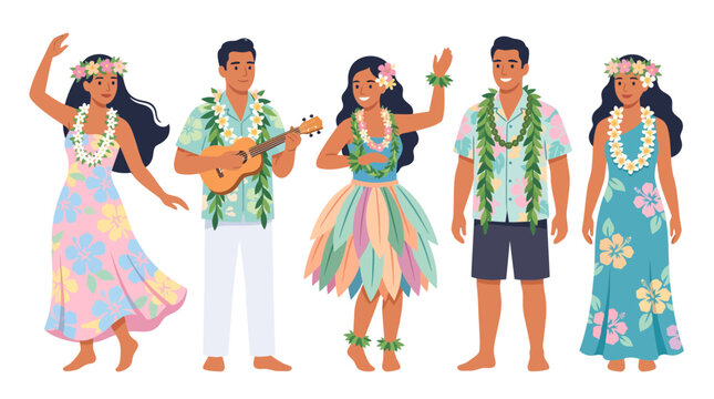 Hawaiian group wearing traditional tropical floral clothing