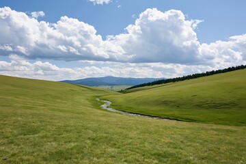 Obraz premium The Rolling Meadow Landscape With Winding Stream And Dramatic Cloudy Sky