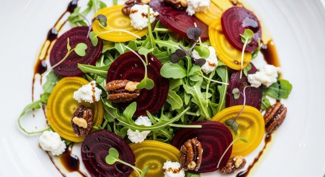 Colorful Roasted Beetroot Salad with Goat Cheese and Pecans.