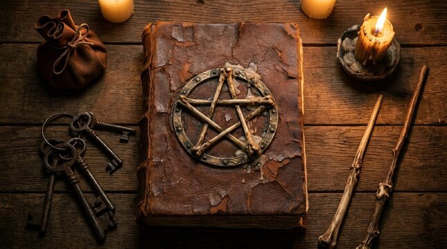 Halloween book keys bone magic candle wand spellcraft grimoire with rustic ritual setup

