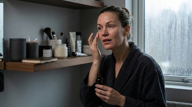 A woman with natural makeup looks thoughtfully toward the side; she appears contemplative and engaged in thought, suggesting a moment of quiet reflection or deep conversation