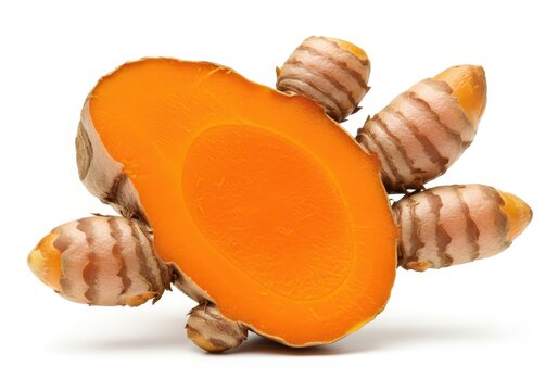 Fresh Turmeric Root Sliced Open Showing Bright Orange Interior Isolated on White Background for Healthy Cooking and Herbal Medicine