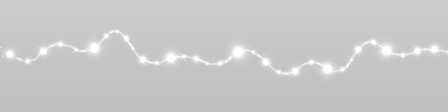 White Christmas light strand with shining bulbs, festive glow and winter sparkle.
