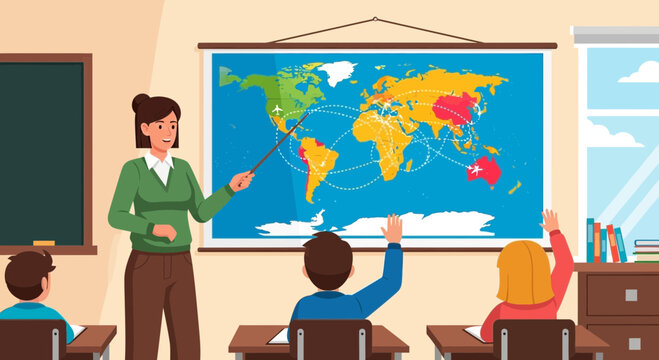 Teacher pointing at world map in classroom setting 1.