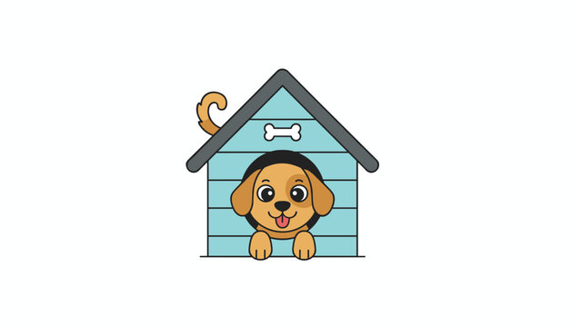 Small brown puppy with a happy expression peeks its head out from a blue wooden doghouse while its tail wags from behind the roof.