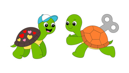 Cute Cartoon Turtle Character Pair featuring Heart Pattern Shell Cap and Mechanical Wind Up Key for Kids Toy Designs